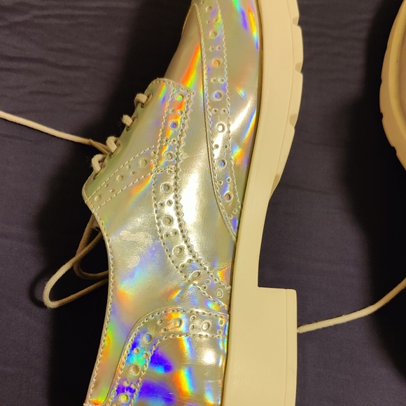 Holographic Iridescent Lace Up Platform Oxford Loafers Shoes 7.5 - Picture 3 of 4